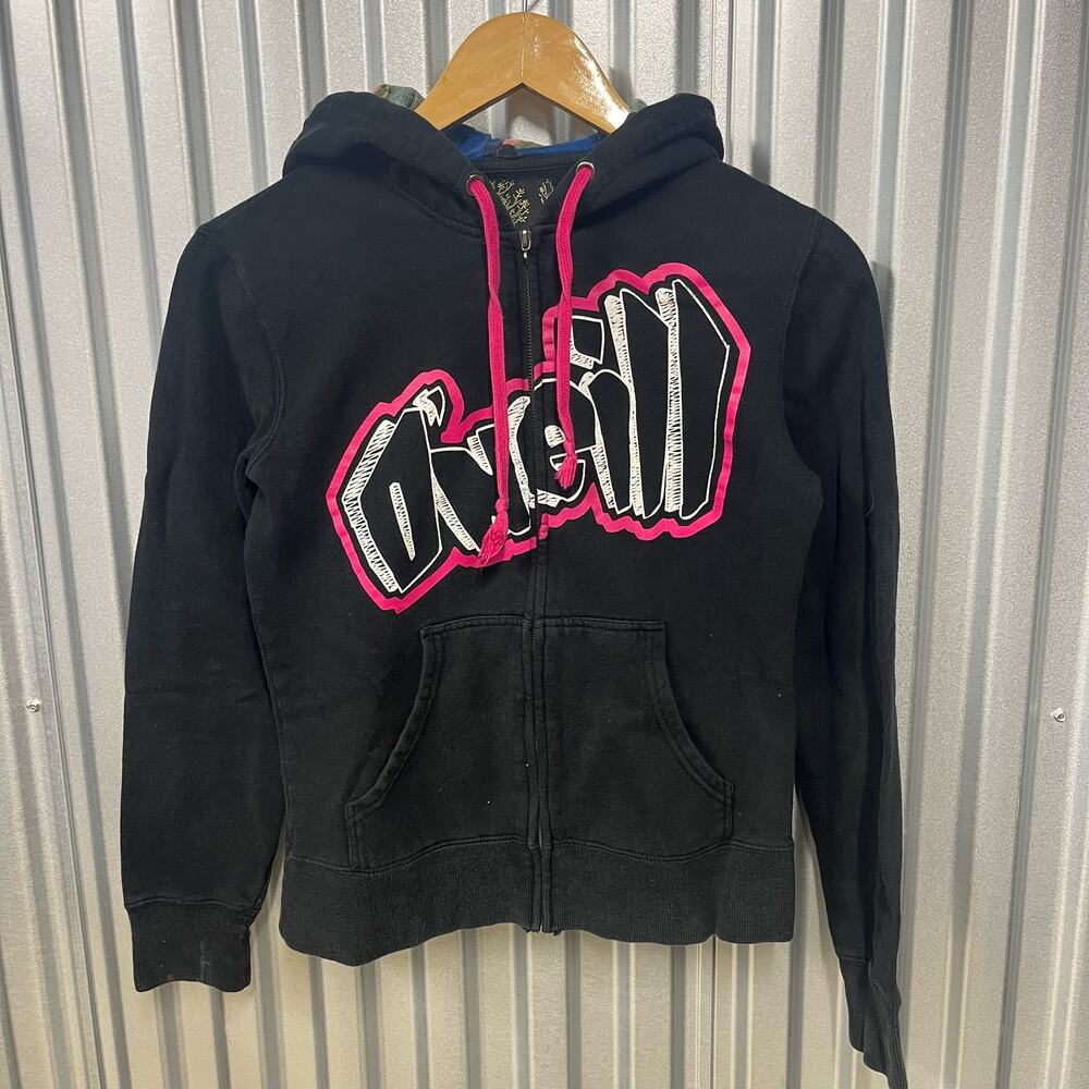 VTG O'Neil Surf Skate Black Graphic Zipup Hoodie Pink Womens Boxy SZ S